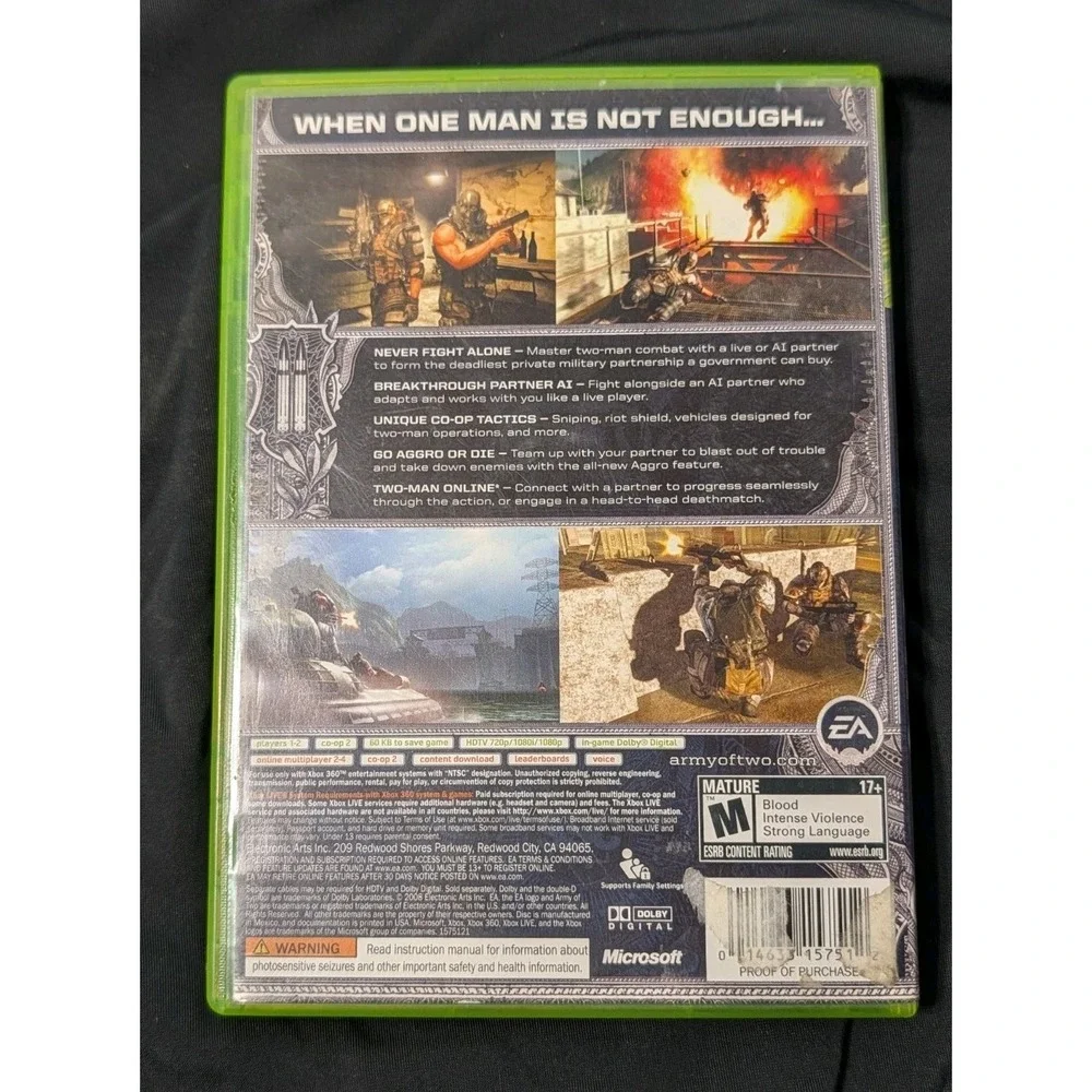 Army of Two Xbox‎ 360 Game EA Co-Op Shooter 2008 Original Black Label CIB Tested